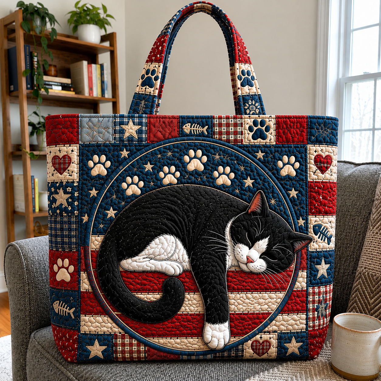 Sleeping Tuxedo Cat Patriotic Patchwork Quilted Tote Bag GFTOHNL1210