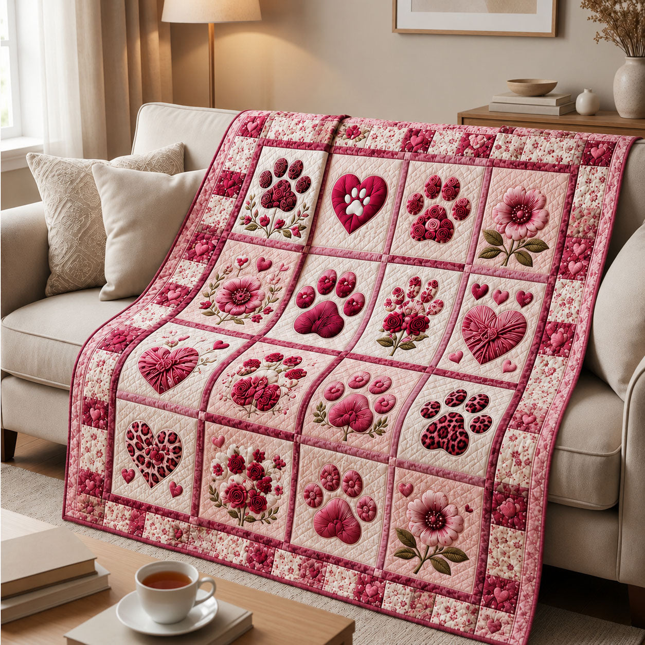 Pink Floral Heart Dog Paw Quilted Blanket GFTOHNL1239