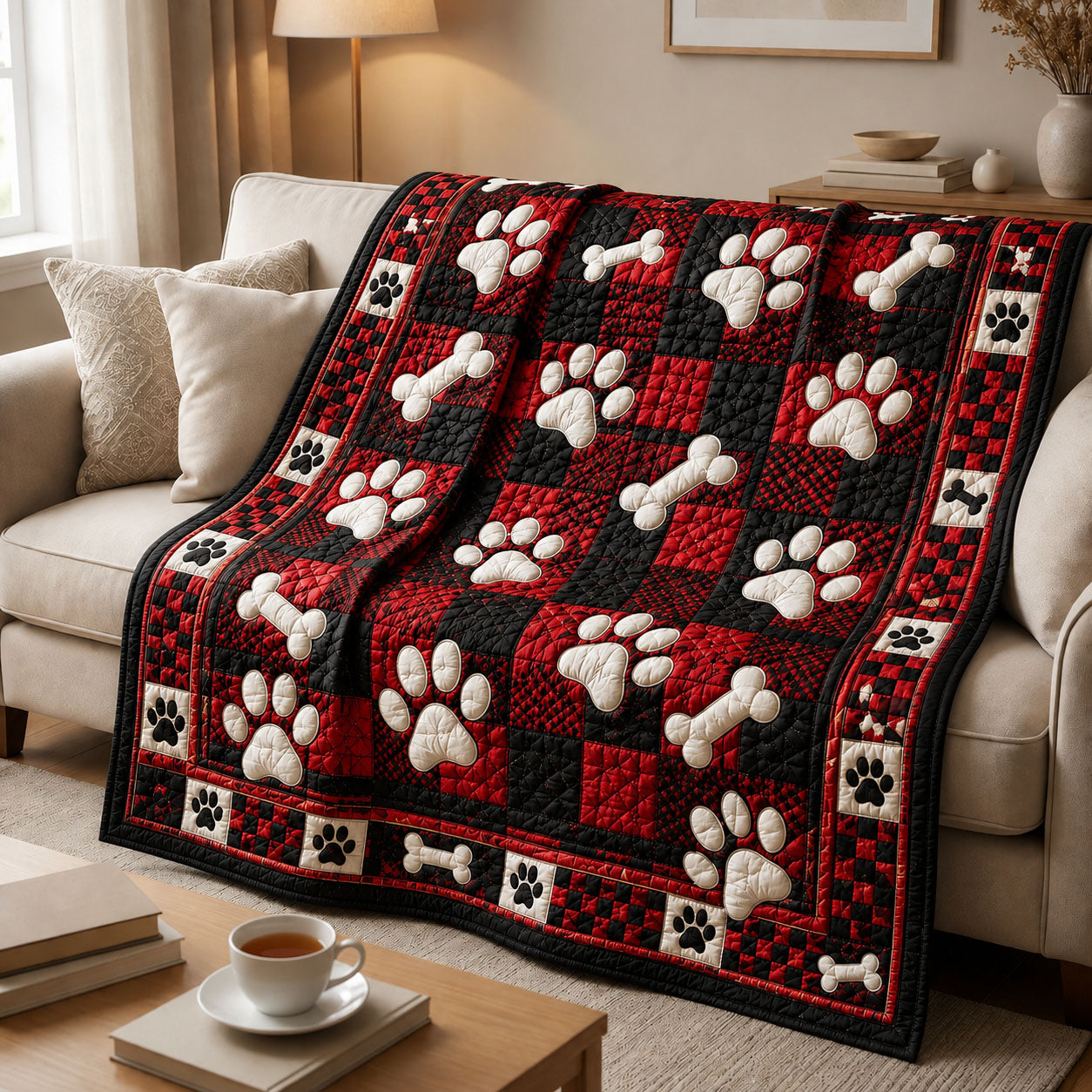 Buffalo Plaid Dog Paw Bone Quilted Blanket GFTOHNL1240