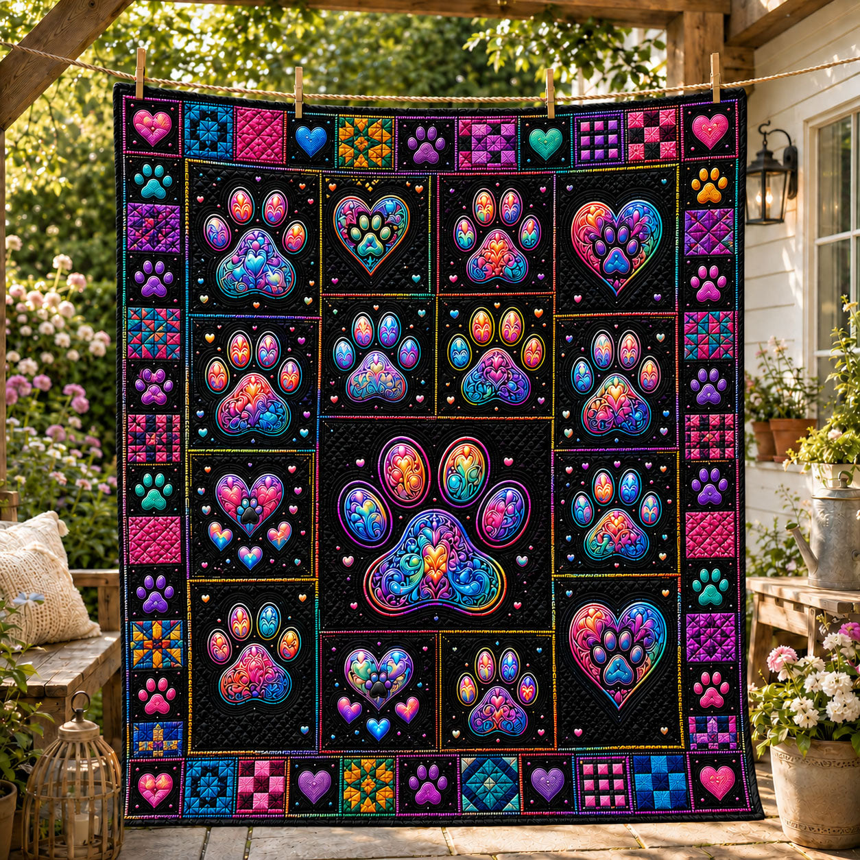 Neon Rainbow Dog Paw Mosaic Quilted Blanket GFTOHNL1241