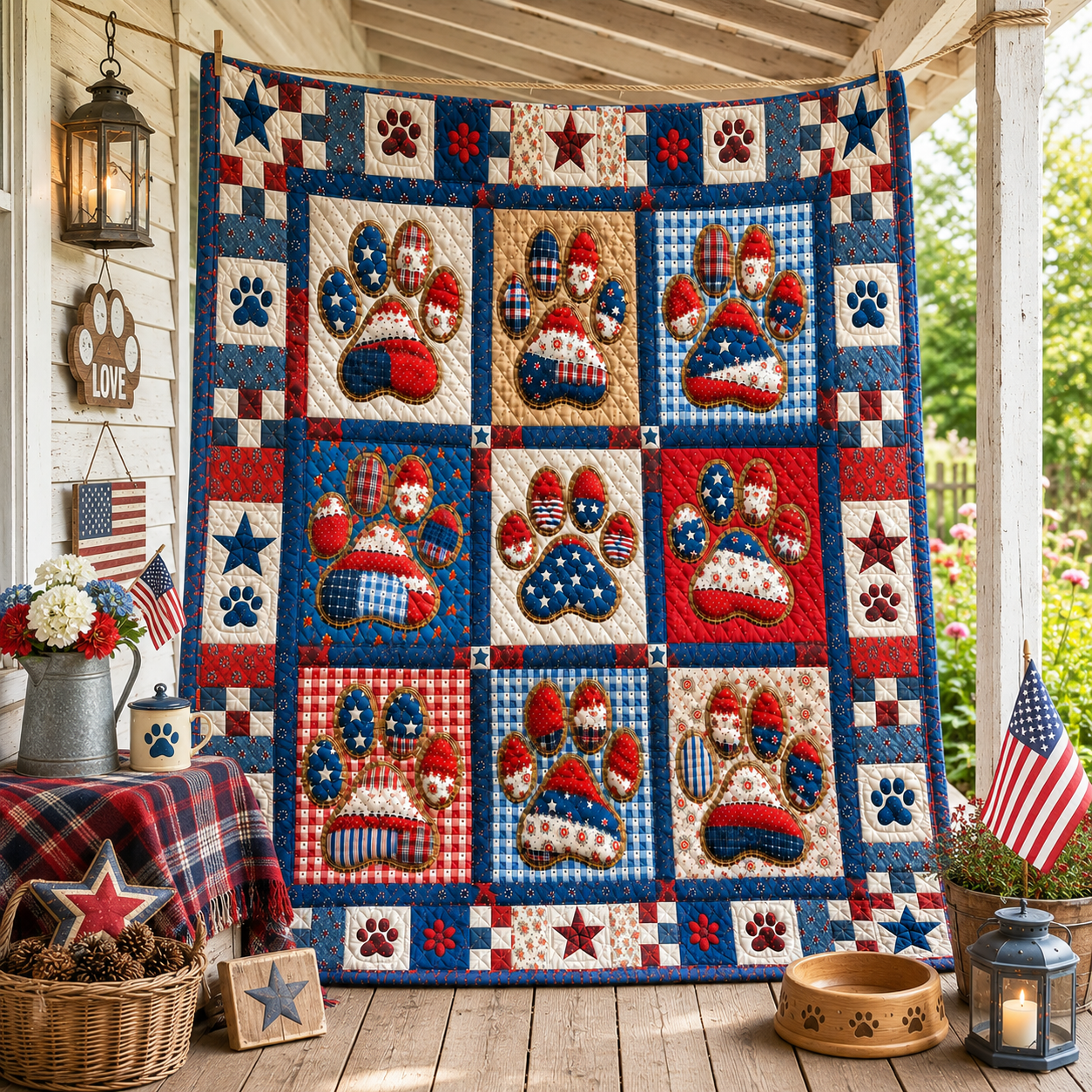 Patriotic Patchwork Dog Paw Quilted Blanket GFTOHNL1242
