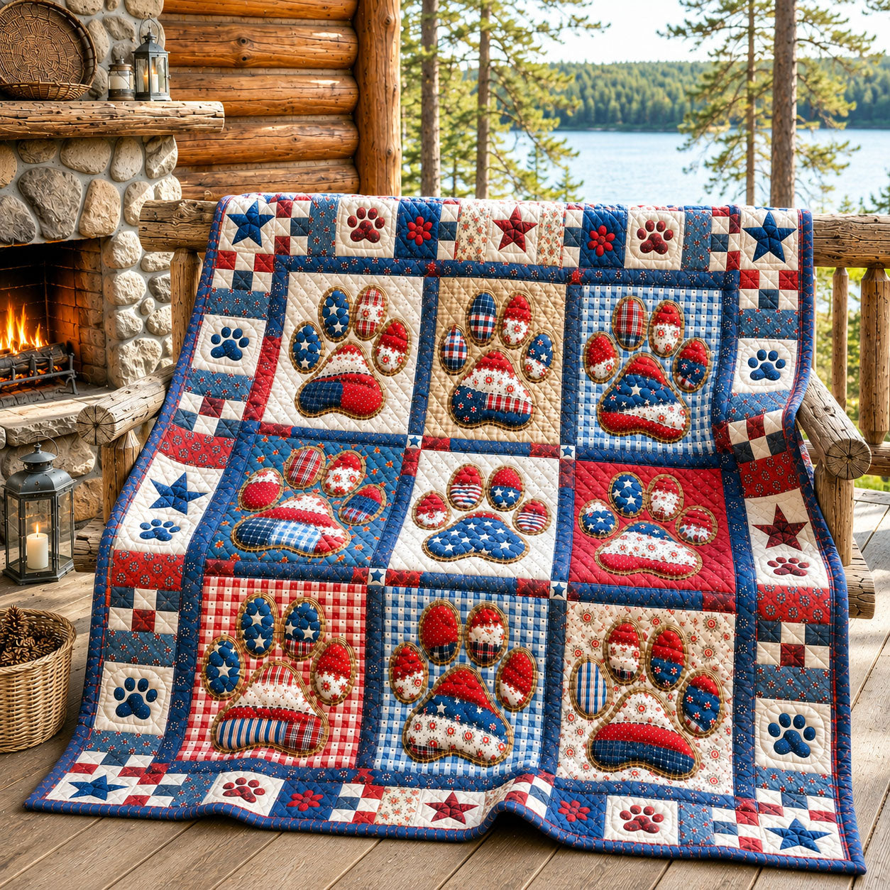 Patriotic Patchwork Dog Paw Quilted Blanket GFTOHNL1242