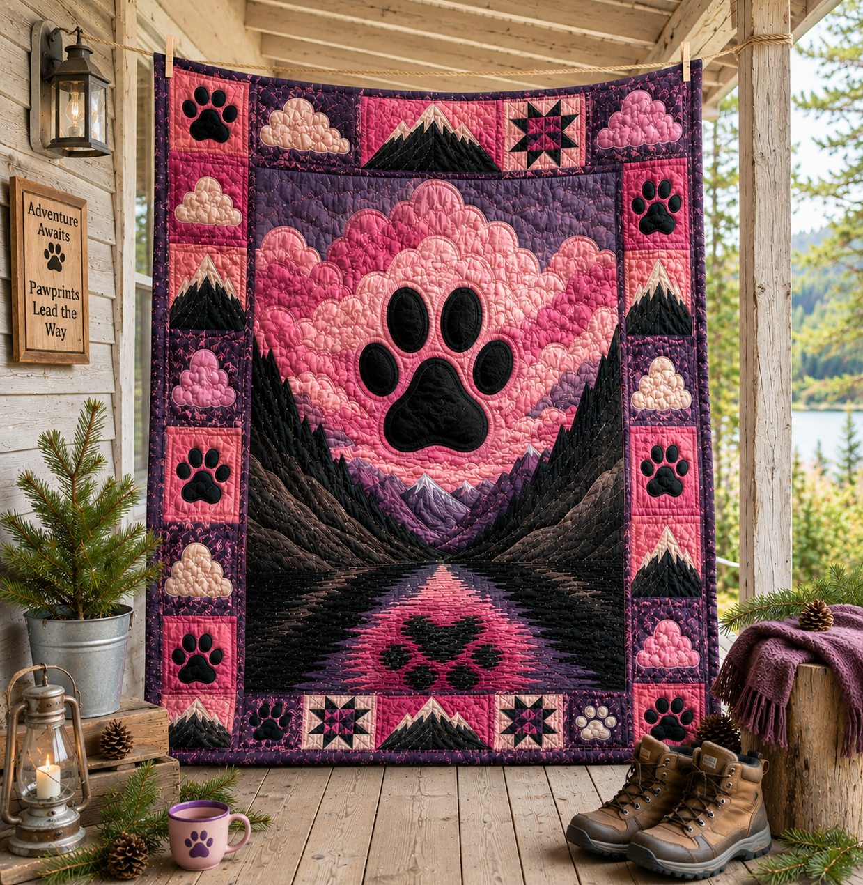 Pink Mountain Valley Dog Paw Quilted Blanket GFTOHNL1243