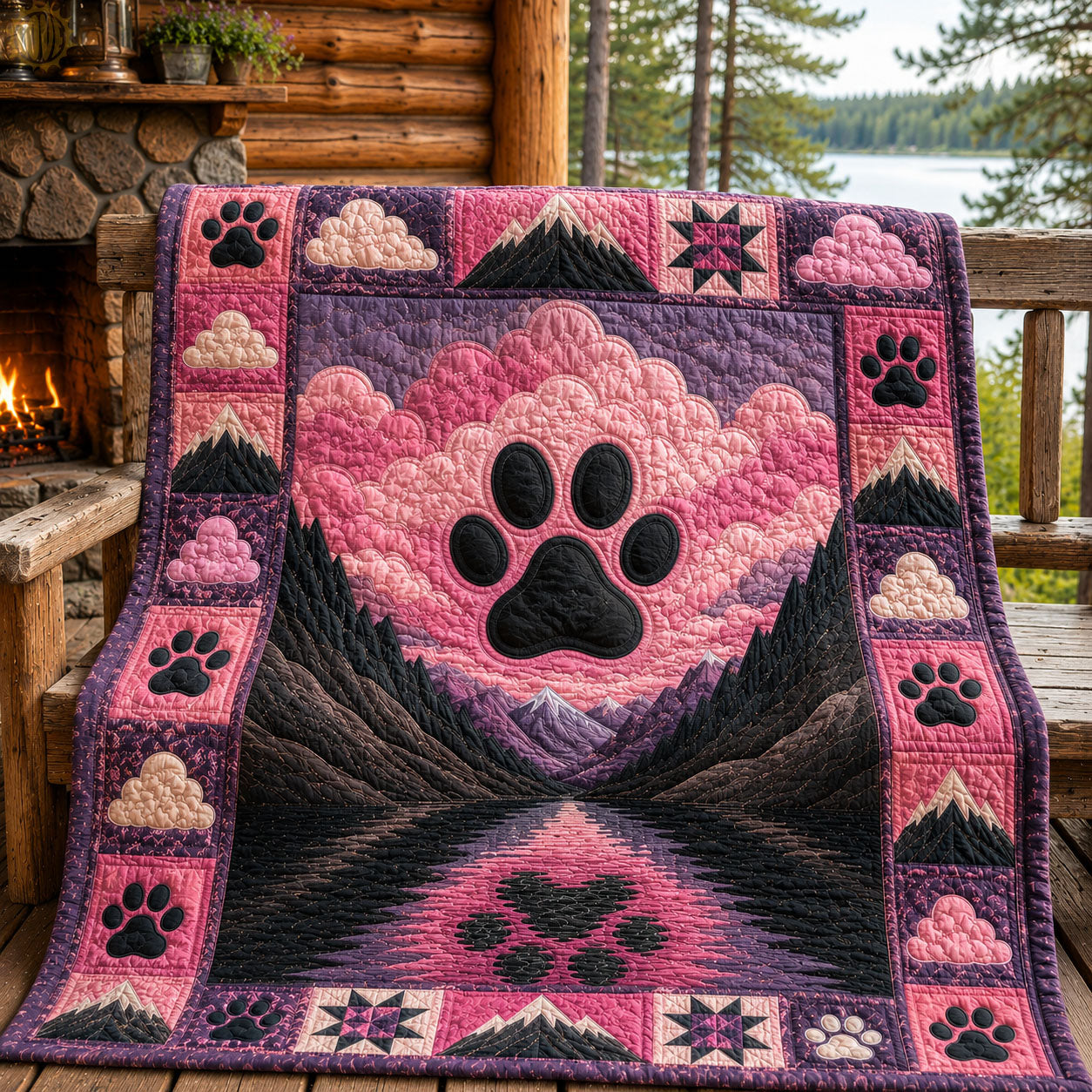 Pink Mountain Valley Dog Paw Quilted Blanket GFTOHNL1243