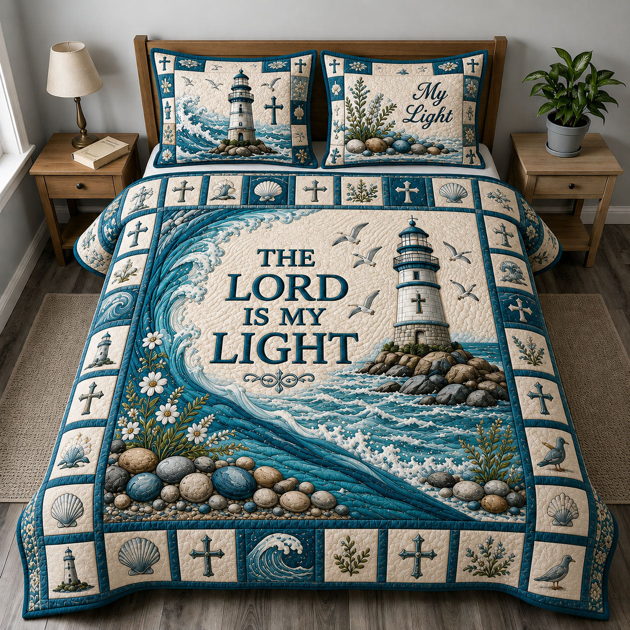 Teal Faith Lighthouse 3-Piece Quilted Bedding Set GFTOHNL1269