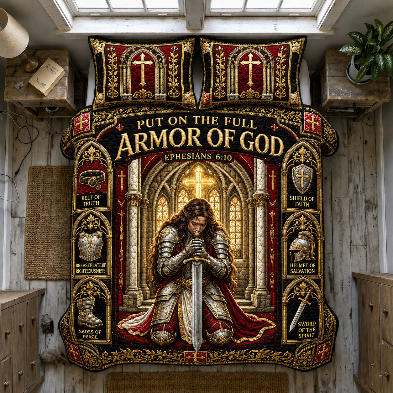 Gothic Cathedral Warrior Armor Of God 3-Piece Quilted Bedding Set GFTOHNL1292