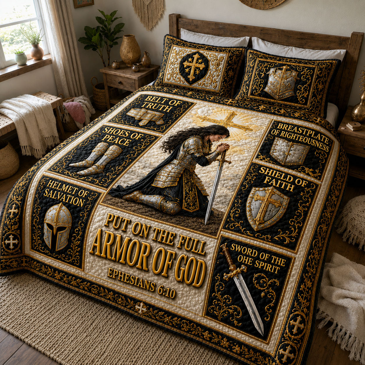 Golden Cathedral Prayer Armor Of God 3-Piece Quilted Bedding Set GFTOHNL1294