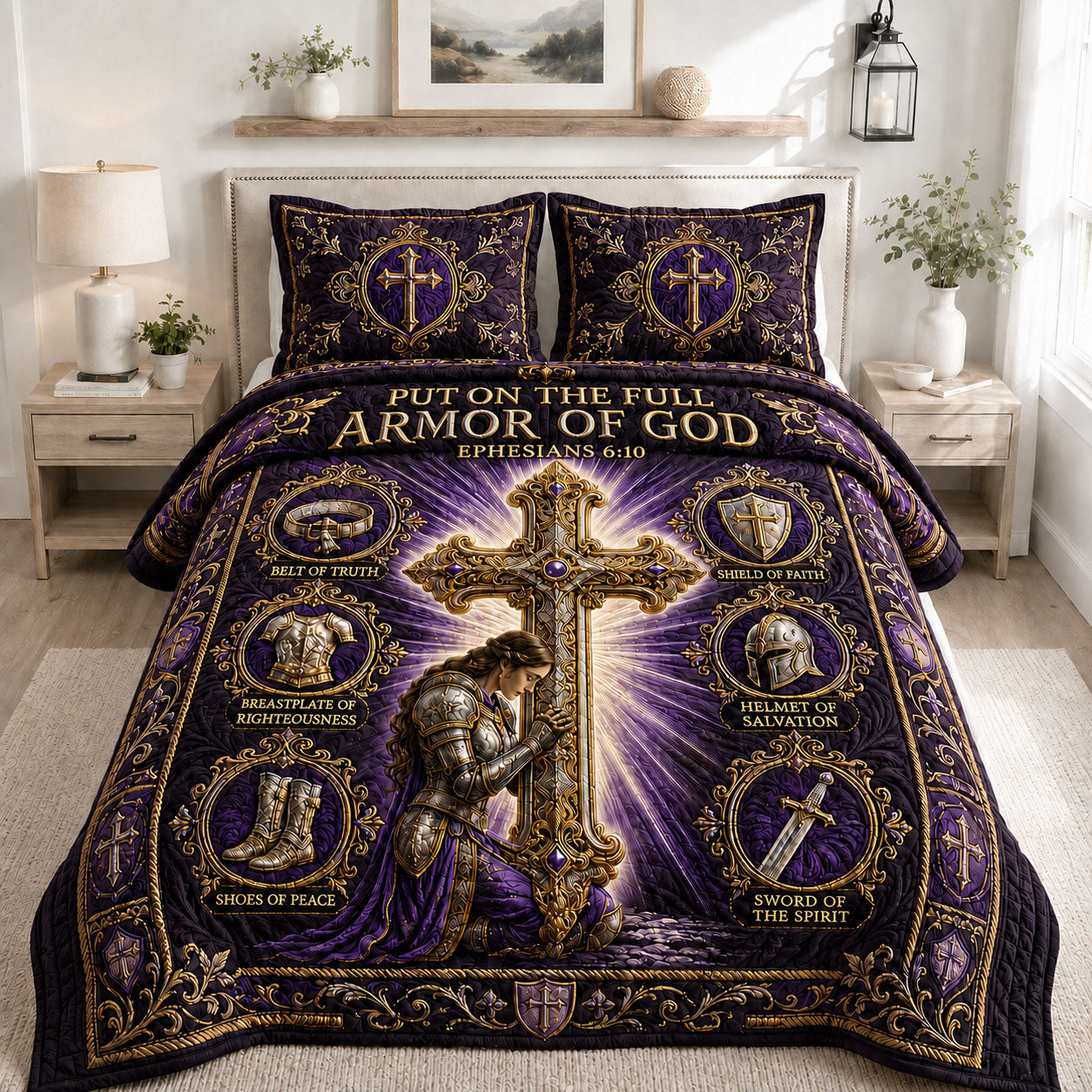Purple Divine Cross Armor Of God 3-Piece Quilted Bedding Set GFTOHNL1295