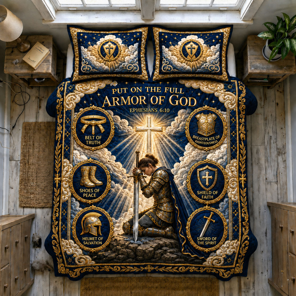 Blue Heavenly Spotlight Armor Of God 3-Piece Quilted Bedding Set GFTOHNL1297