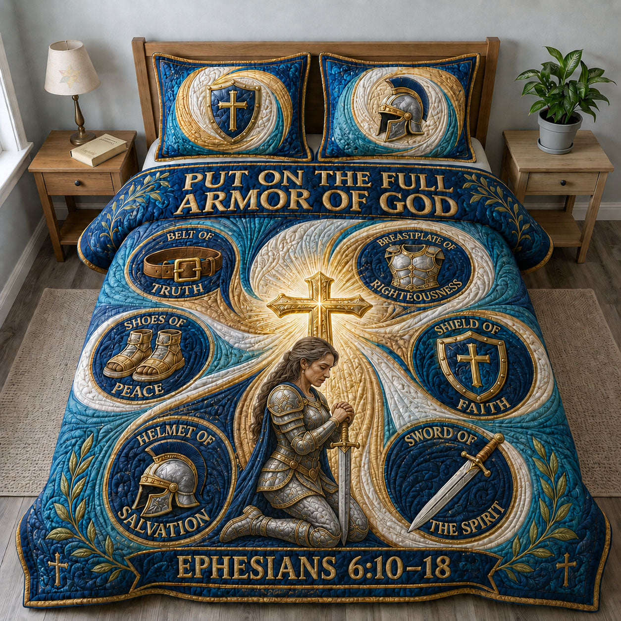Teal Spiritual Vortex Armor Of God 3-Piece Quilted Bedding Set GFTOHNL1298