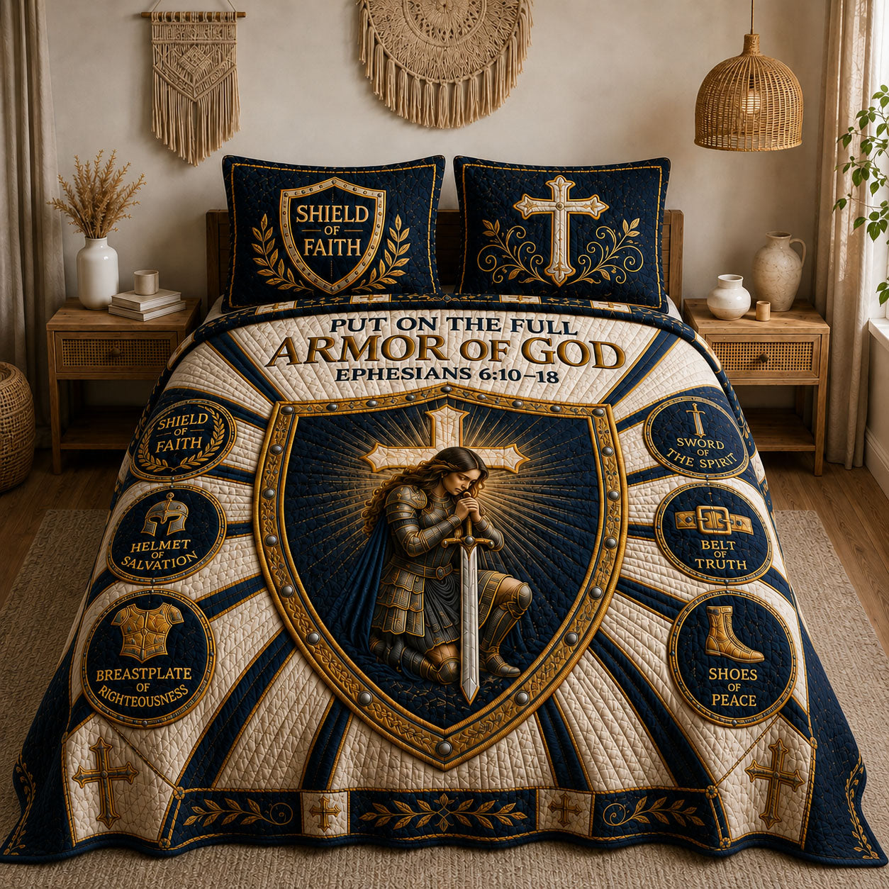 Navy Radiant Shield Armor Of God 3-Piece Quilted Bedding Set GFTOHNL1300