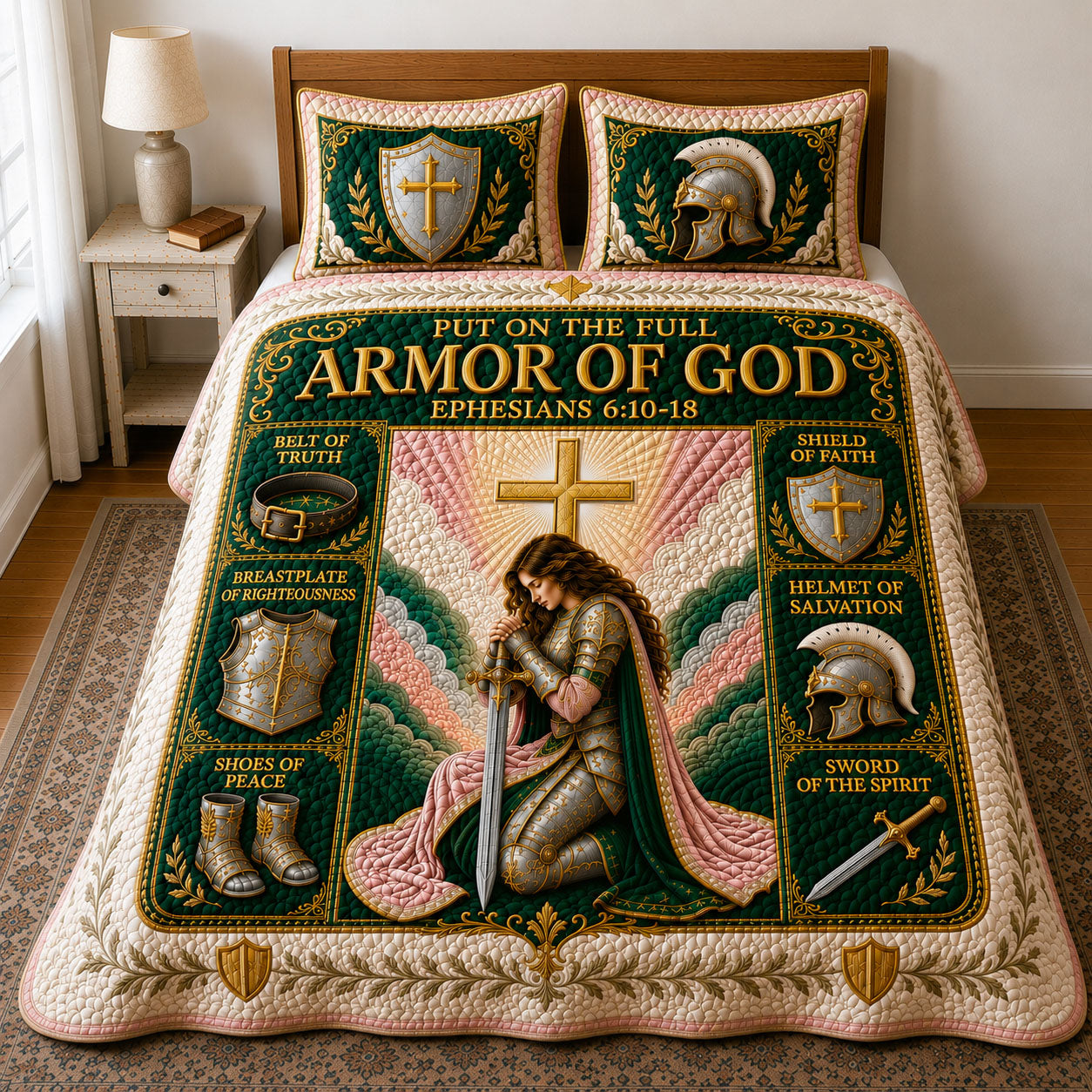 Emerald Rose Prayer Armor Of God 3-Piece Quilted Bedding Set GFTOHNL1301