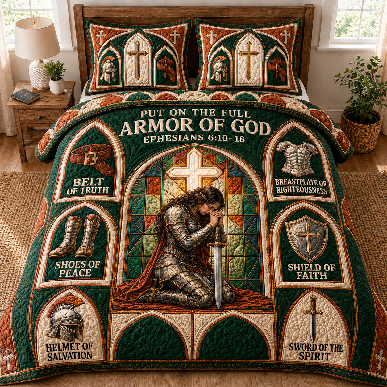 Emerald Cathedral Window Armor Of God 3-Piece Quilted Bedding Set GFTOHNL1303