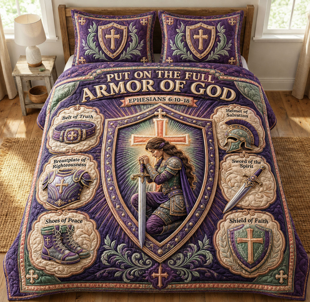 Vintage Purple Heirloom Armor Of God 3-Piece Quilted Bedding Set GFTOHNL1304