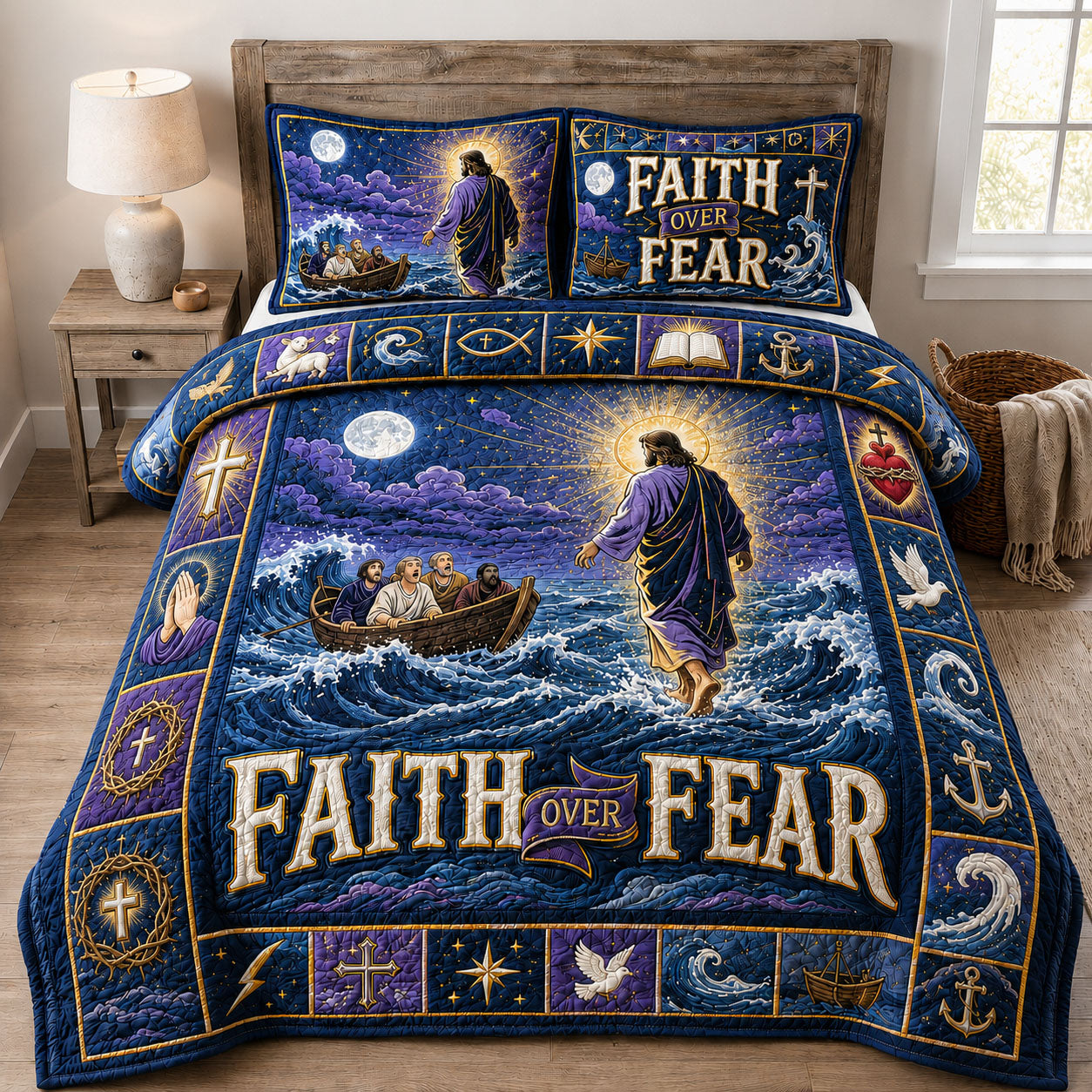 Faith Over Fear Jesus Walks On Water 3-Piece Quilted Bedding Set GFTOHNL1330