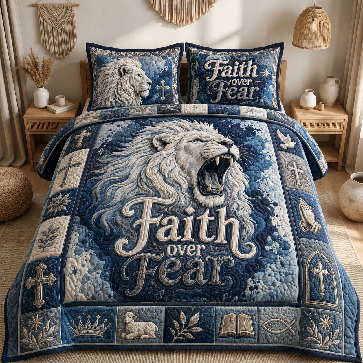 Faith Over Fear Lion Of Judah 3-Piece Quilted Bedding Set GFTOHNL1332