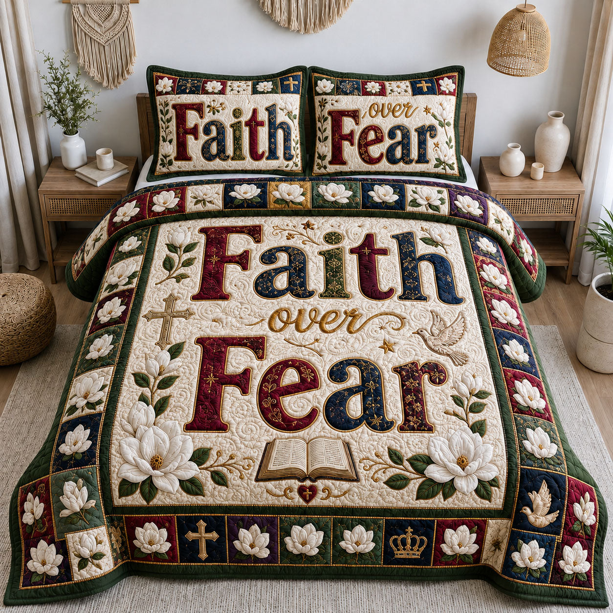 Faith Over Fear Magnolia Floral 3-Piece Quilted Bedding Set GFTOHNL1334