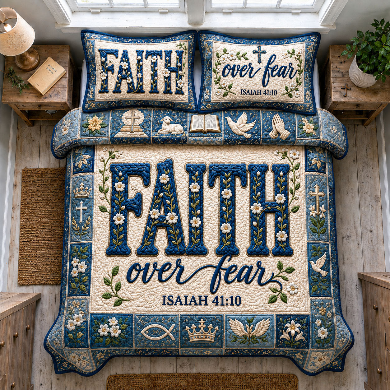 Faith Over Fear Blue Floral 3-Piece Quilted Bedding Set GFTOHNL1335