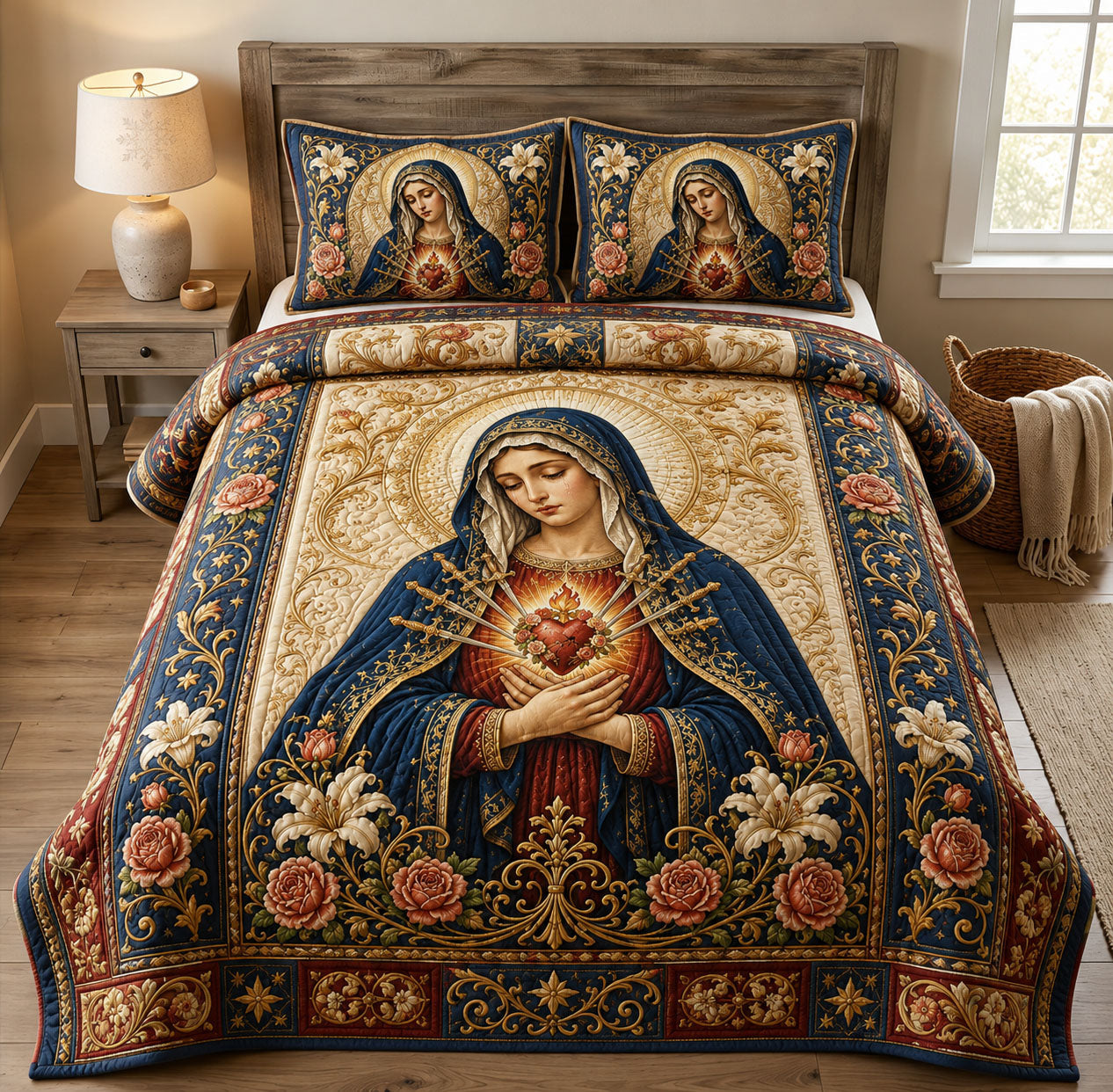 Sacred Heart Mary Navy Gold 3-Piece Quilted Bedding Set GFTOHNL1364