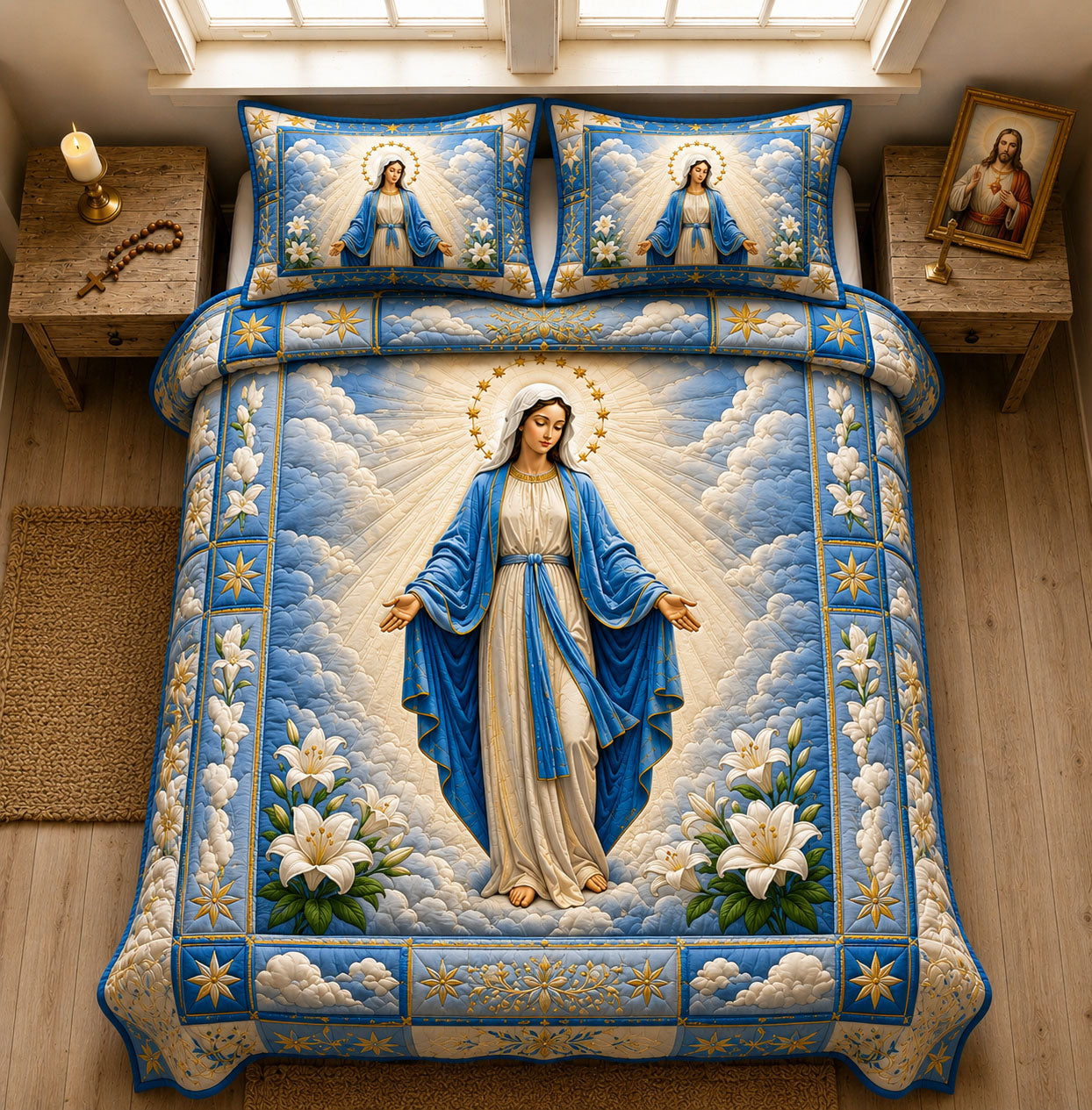 Heavenly Blue Mother Mary Lily 3-Piece Quilted Bedding Set GFTOHNL1367