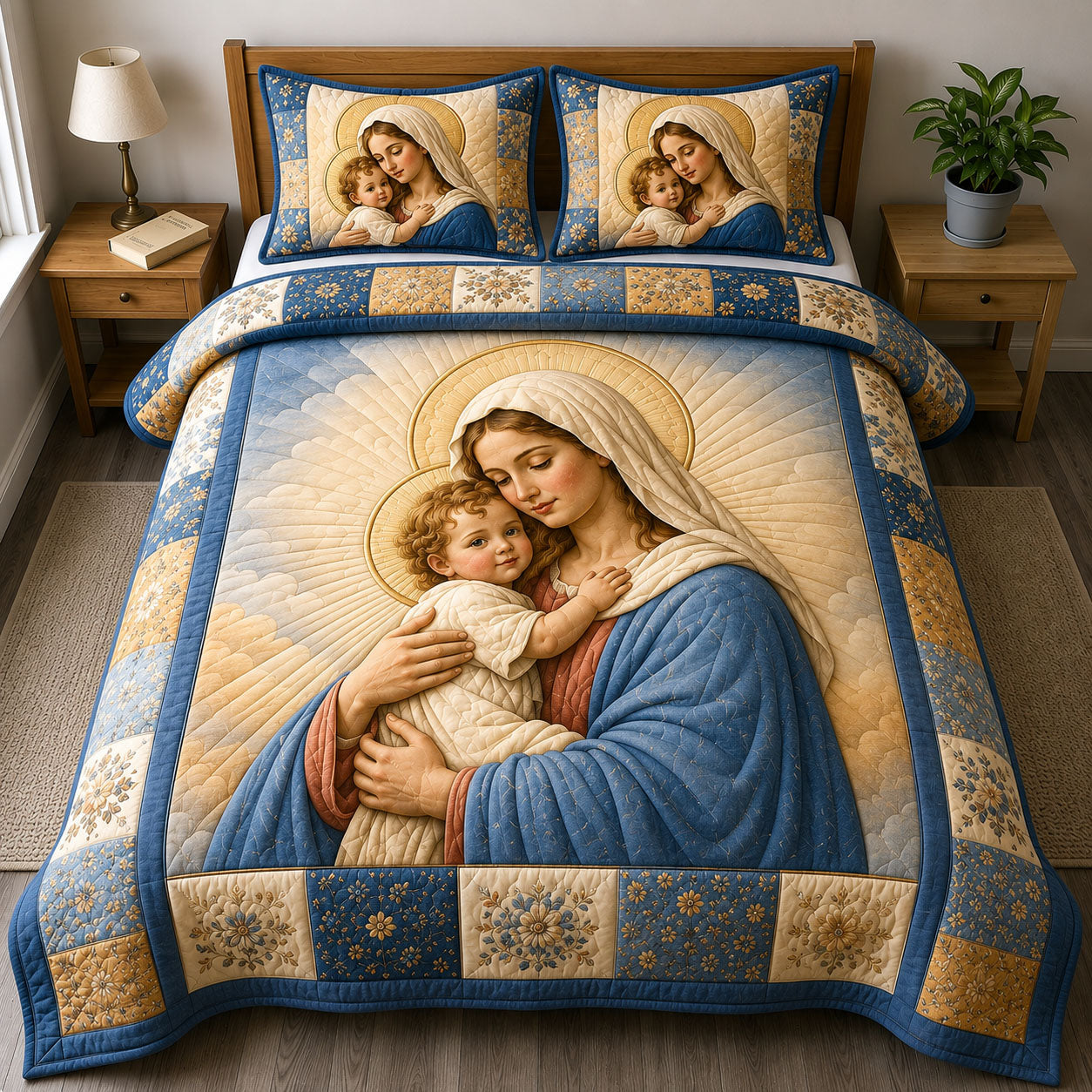 Madonna and Child Blue Patchwork 3-Piece Quilted Bedding Set GFTOHNL1369