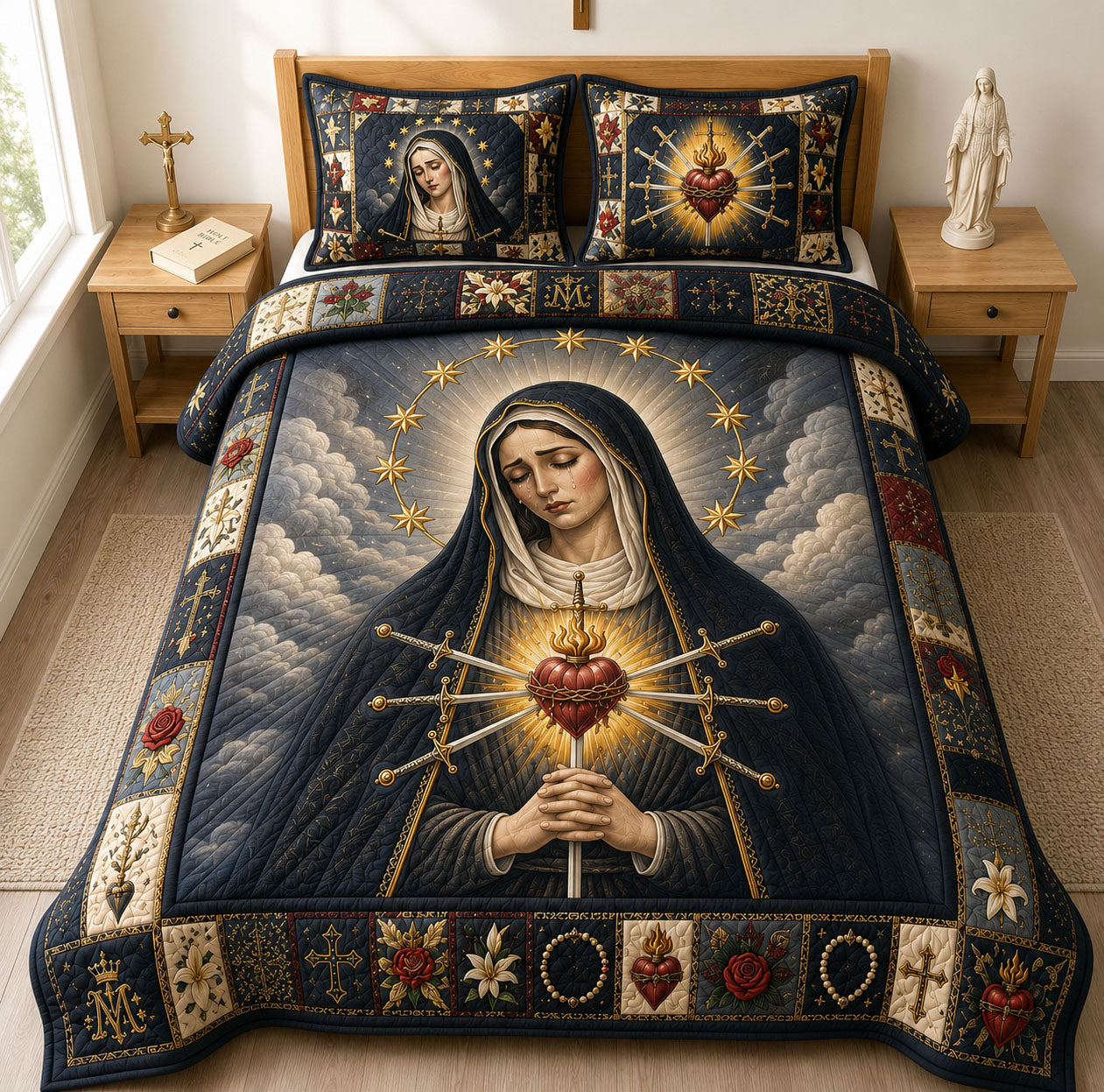 Our Lady of Sorrows Sacred Heart 3-Piece Quilted Bedding Set GFTOHNL1370