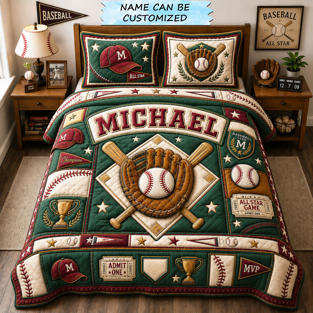 Personalized All Star Baseball Patch 3-Piece Quilted Bedding Set QTCUZ GFTOHNL1413