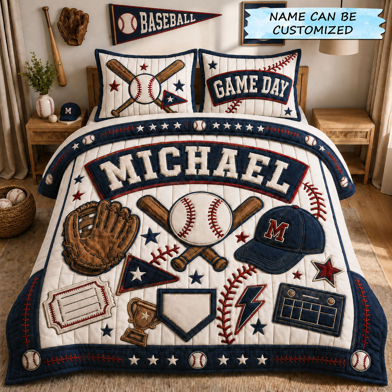Personalized Game Day Baseball Collage 3-Piece Quilted Bedding Set QTCUZ GFTOHNL1414