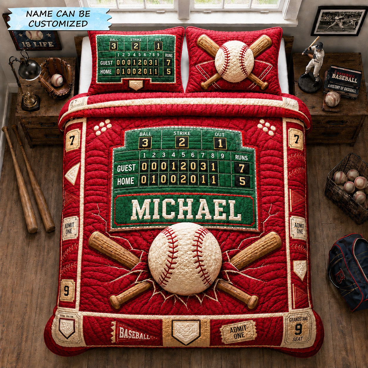 Personalized 9th Inning Scoreboard Baseball 3-Piece Quilted Bedding Set QTCUZ GFTOHNL1415