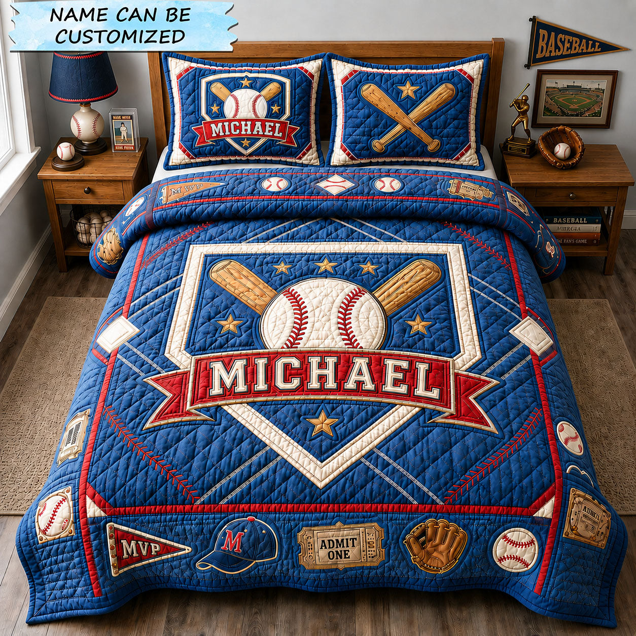 Personalized Grand Slam Crest Baseball 3-Piece Quilted Bedding Set QTCUZ GFTOHNL1416