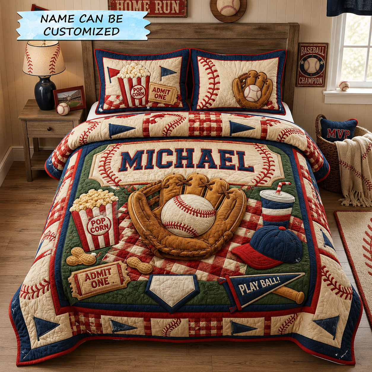 Personalized Ballpark Baseball Picnic 3-Piece Quilted Bedding Set QTCUZ GFTOHNL1417