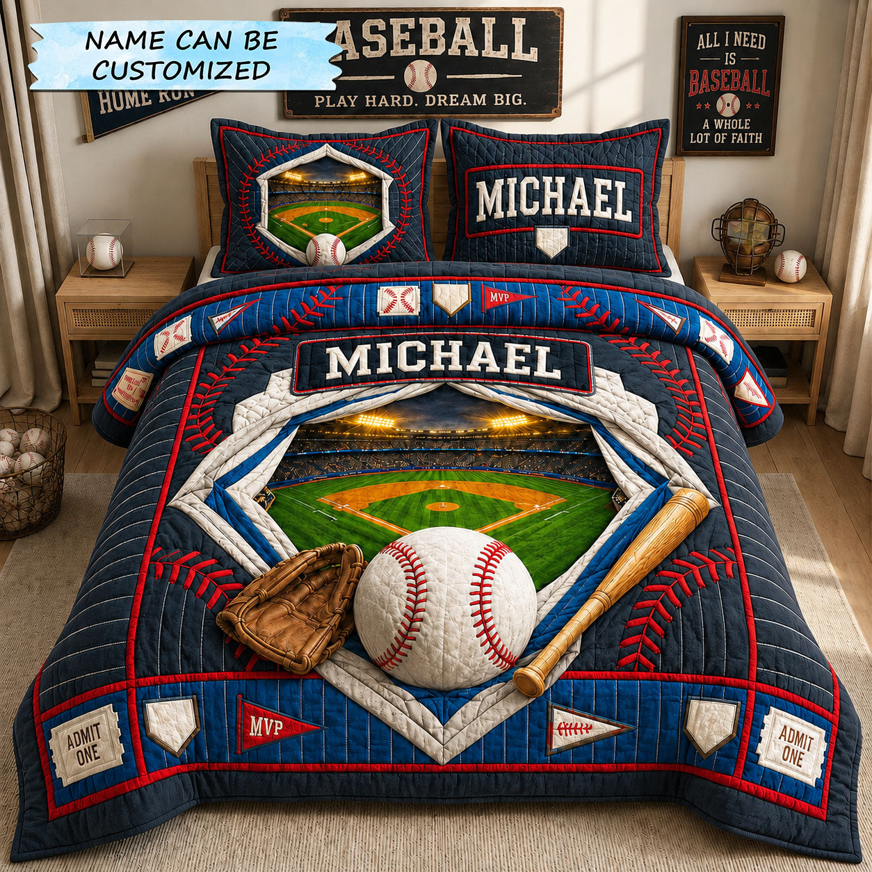 Personalized Baseball Stadium Portal 3-Piece Quilted Bedding Set QTCUZ GFTOHNL1418