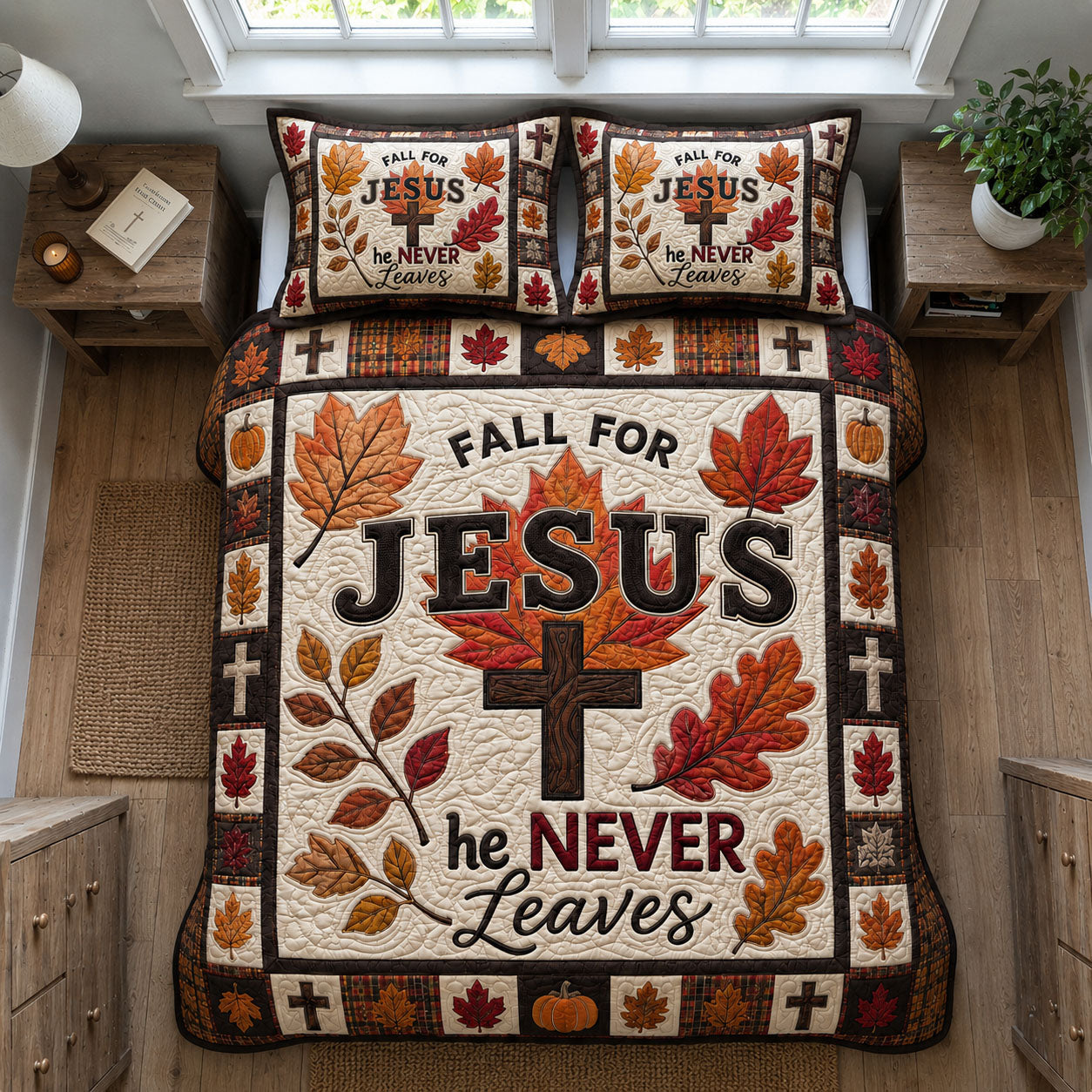 Fall For Jesus He Never Leaves 3-Piece Quilted Bedding Set GFTOHNL1441