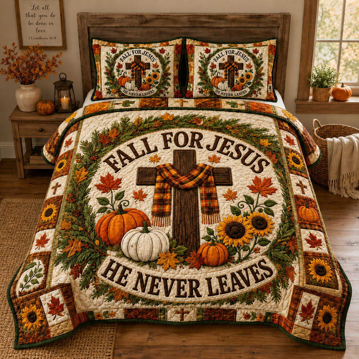 Fall For Jesus He Never Leaves 3-Piece Quilted Bedding Set GFTOHNL1442