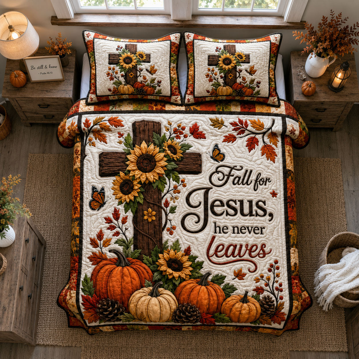 Fall For Jesus He Never Leaves 3-Piece Quilted Bedding Set GFTOHNL1443