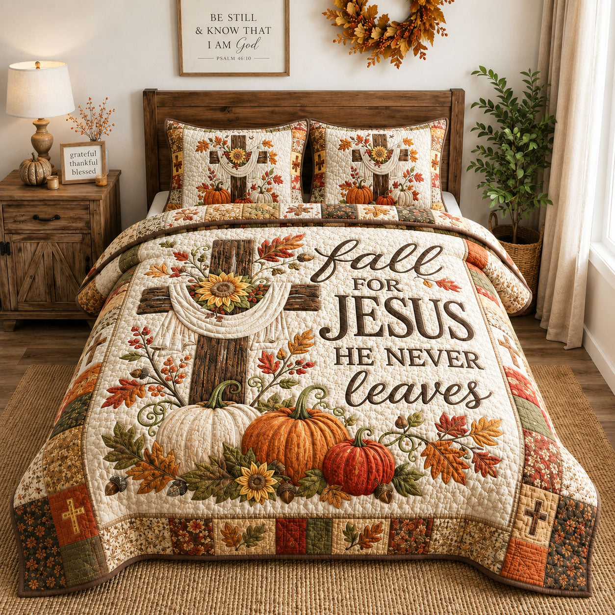 Fall For Jesus He Never Leaves 3-Piece Quilted Bedding Set GFTOHNL1444