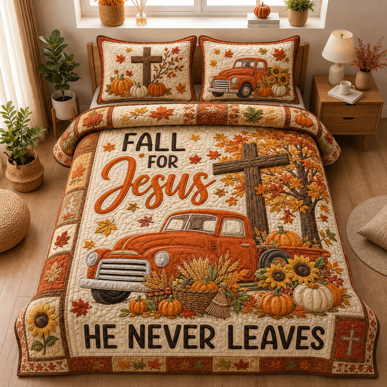 Fall For Jesus He Never Leaves 3-Piece Quilted Bedding Set GFTOHNL1445