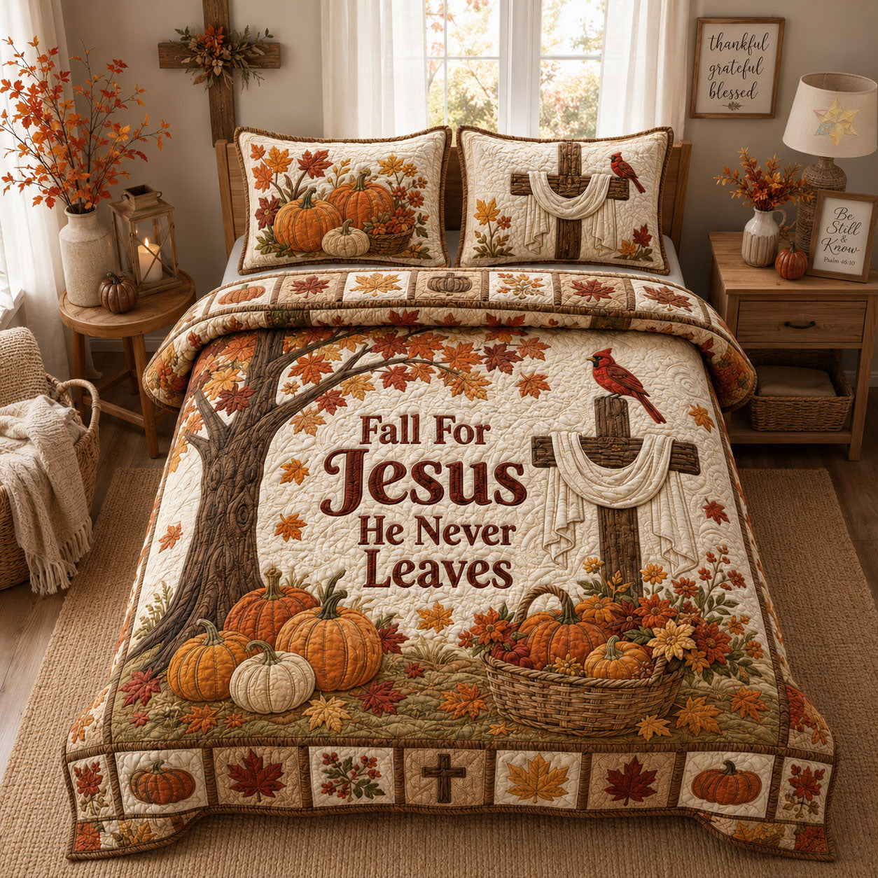 Fall For Jesus He Never Leaves 3-Piece Quilted Bedding Set GFTOHNL1446