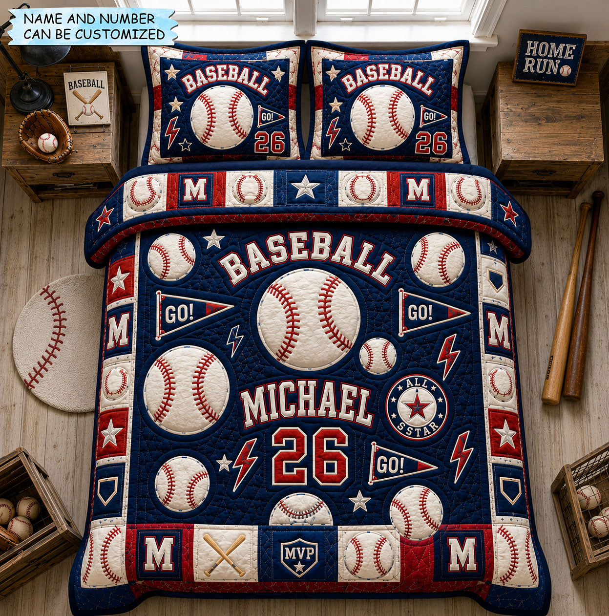 Personalized Baseball All Star 3-Piece Quilted Bedding Set QTCUZ GFTOHNL1448