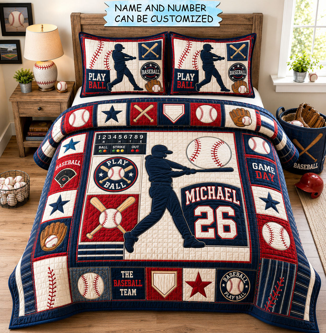 Personalized Baseball Play Ball 3-Piece Quilted Bedding Set QTCUZ GFTOHNL1449