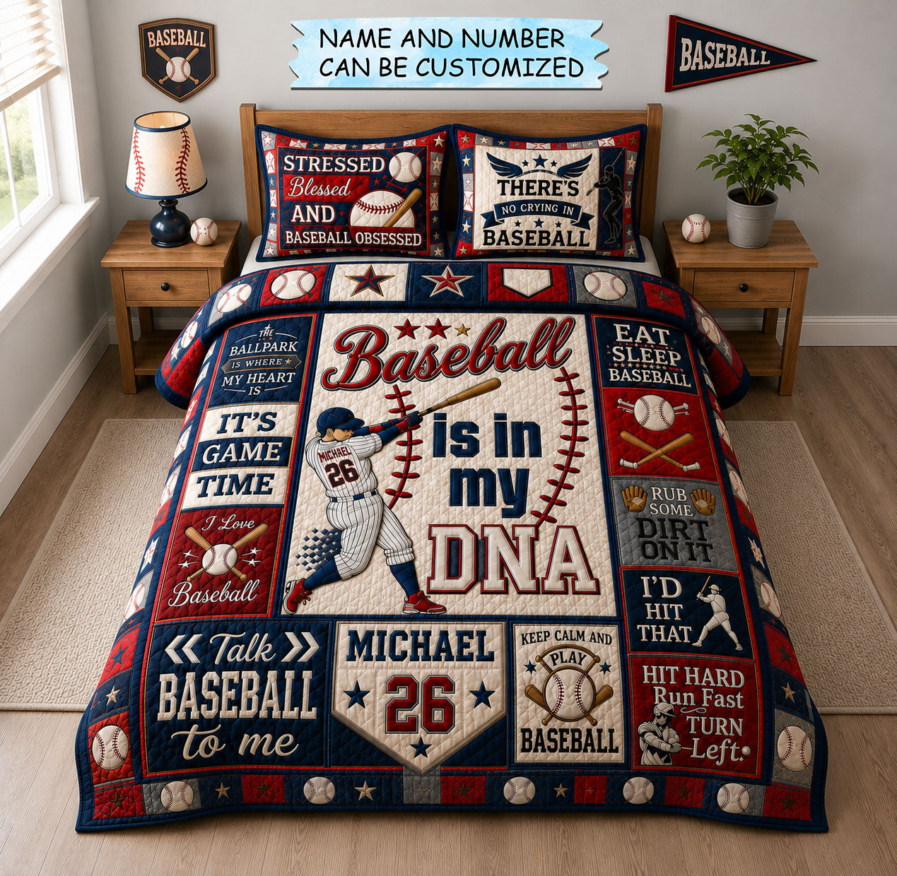 Personalized Baseball Is In My DNA 3-Piece Quilted Bedding Set QTCUZ GFTOHNL1451