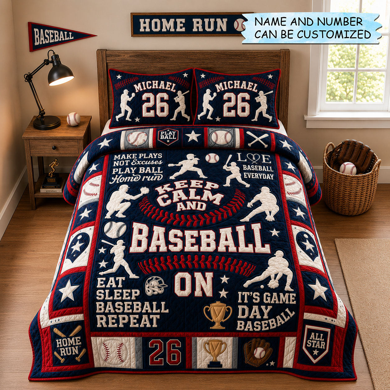 Personalized Baseball Game Day 3-Piece Quilted Bedding Set QTCUZ GFTOHNL1452