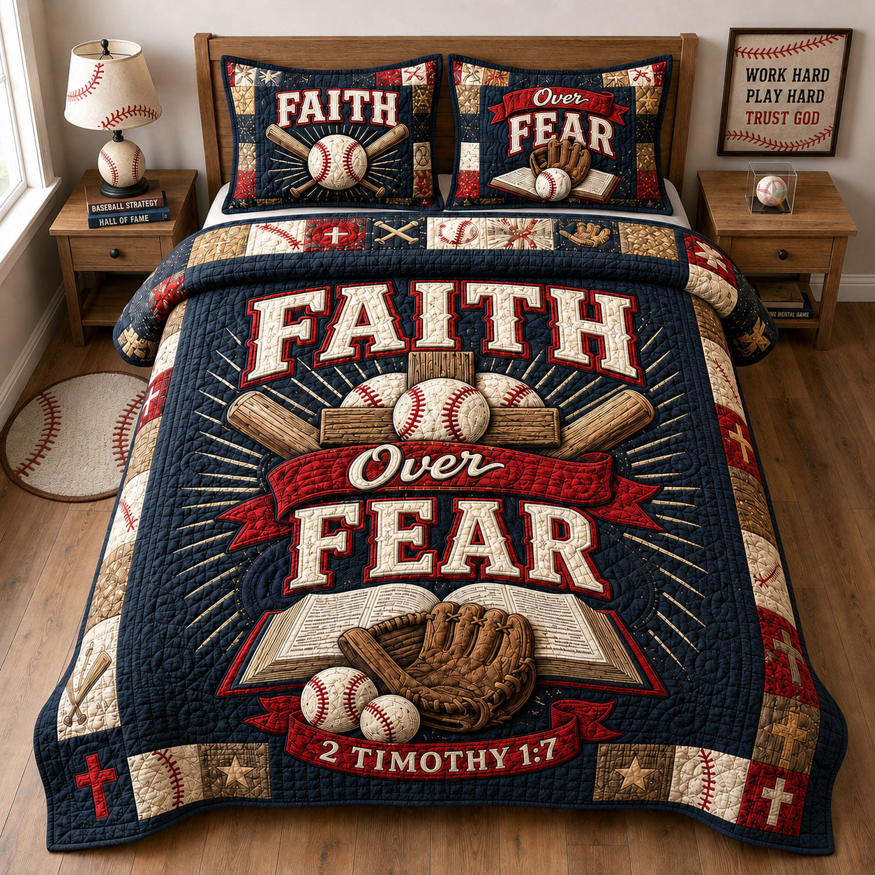 Faith Over Fear Baseball 3-Piece Quilted Bedding Set  GFTOHNL1475