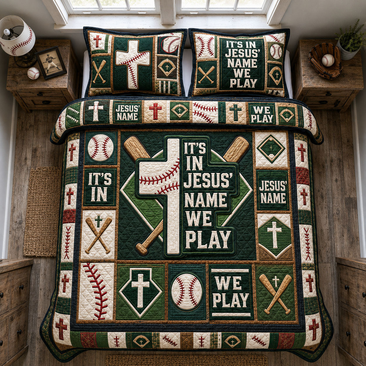In Jesus Name We Play Baseball 3-Piece Quilted Bedding Set  GFTOHNL1476