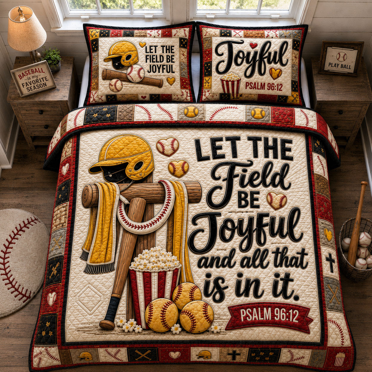 Let The Field Be Joyful Baseball 3-Piece Quilted Bedding Set  GFTOHNL1479