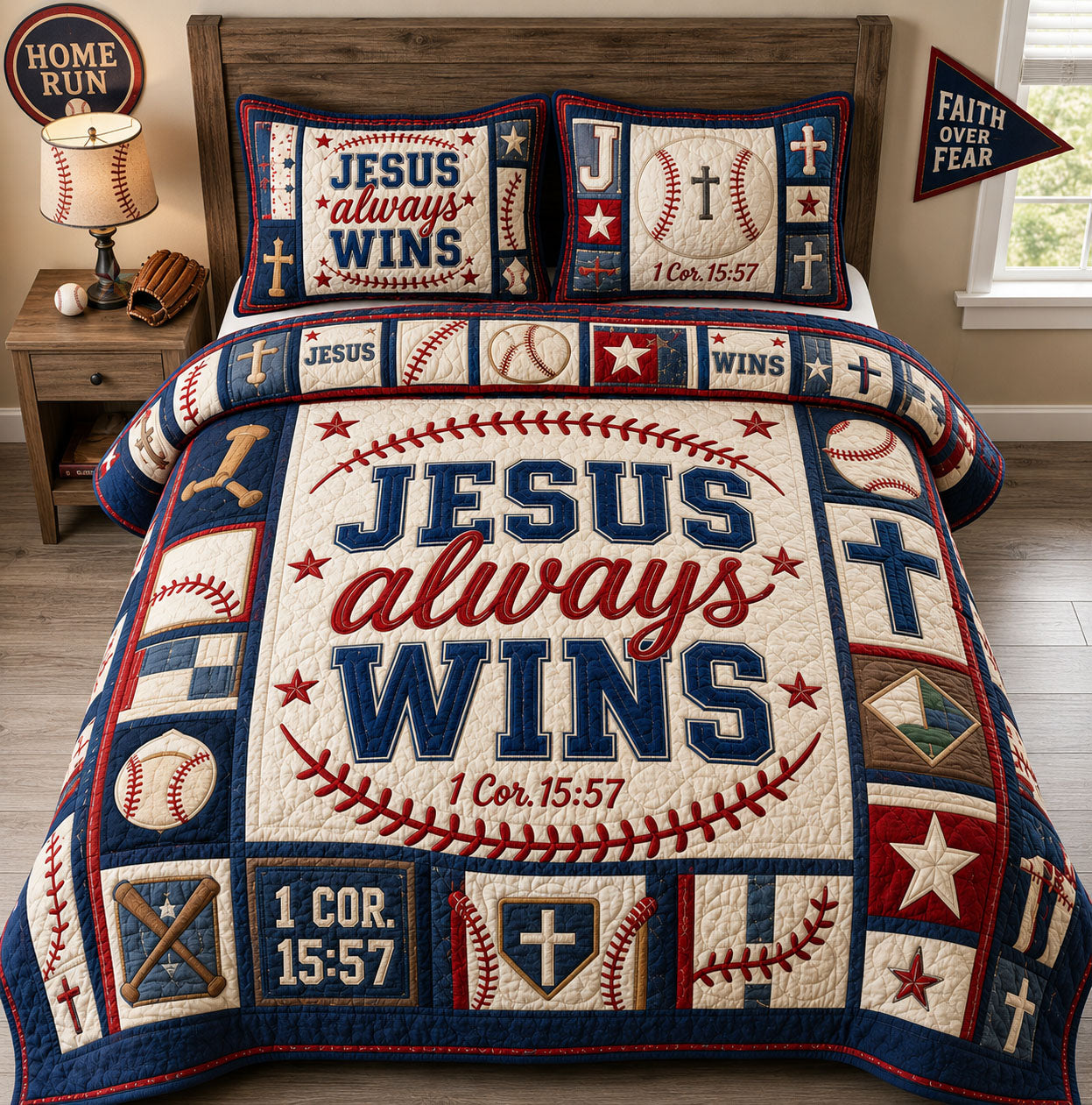 Jesus Always Wins Baseball 3-Piece Quilted Bedding Set  GFTOHNL1480