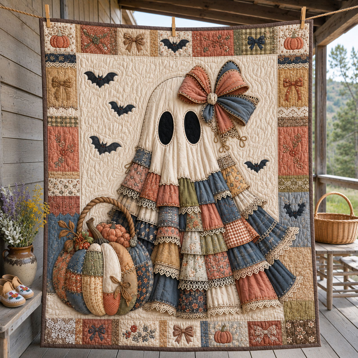Patchwork Ruffle Ghost Fall Quilted Blanket GFTOHNL1482
