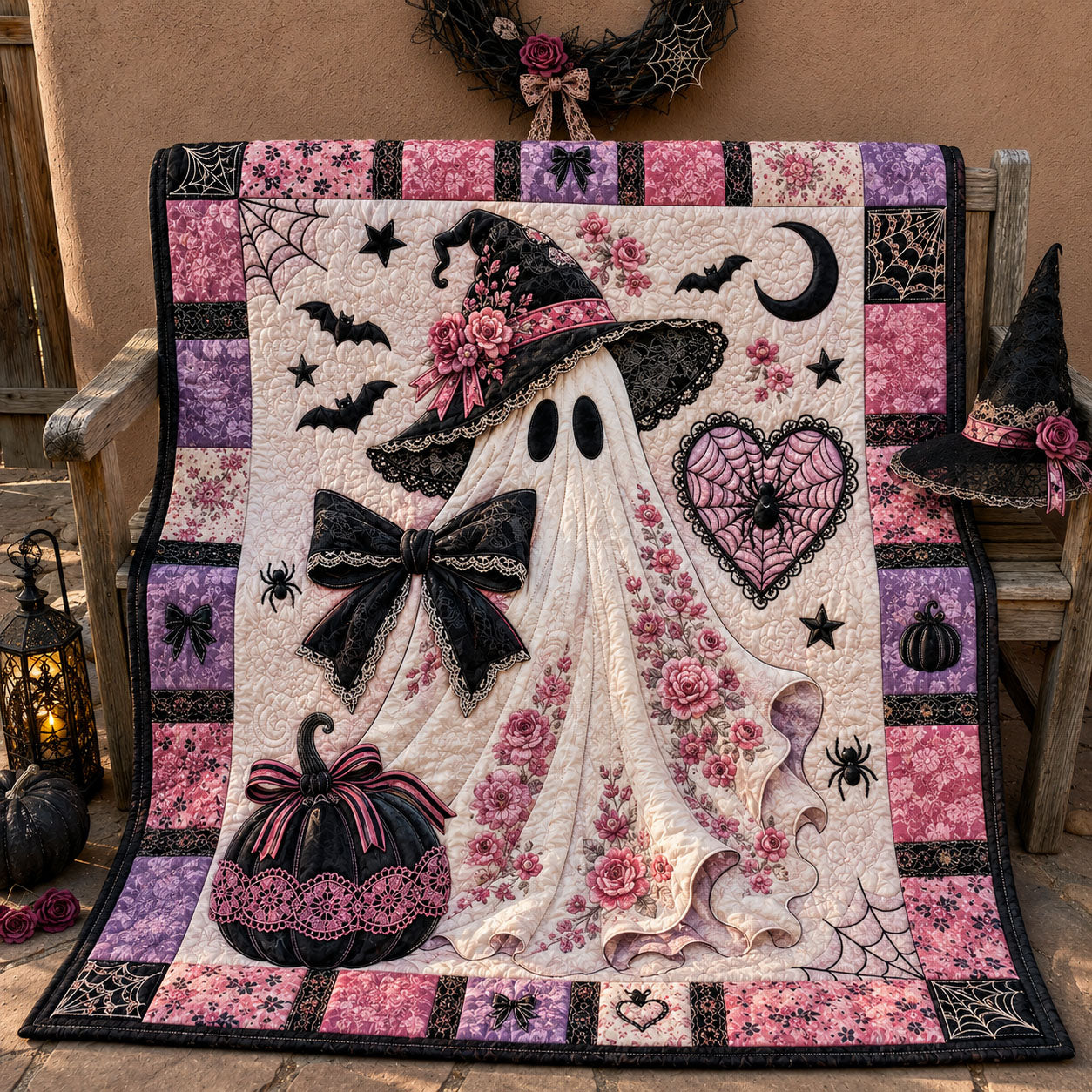Pink Witch Ghost Gothic Quilted Blanket GFTOHNL1484