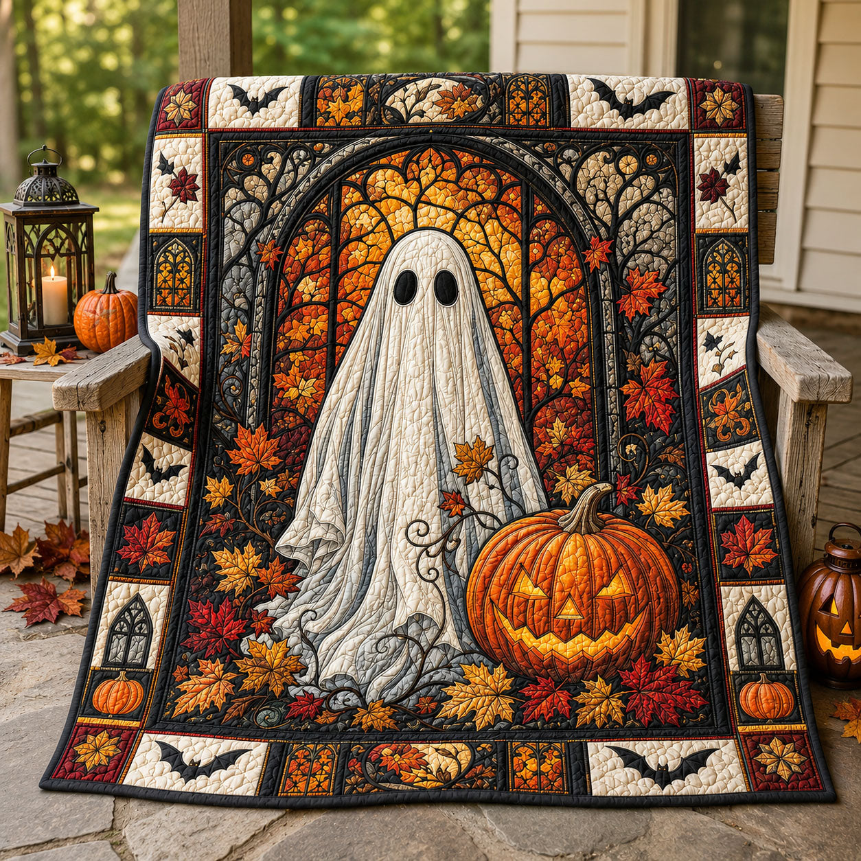 Stained Glass Ghost Pumpkin Quilted Blanket GFTOHNL1486