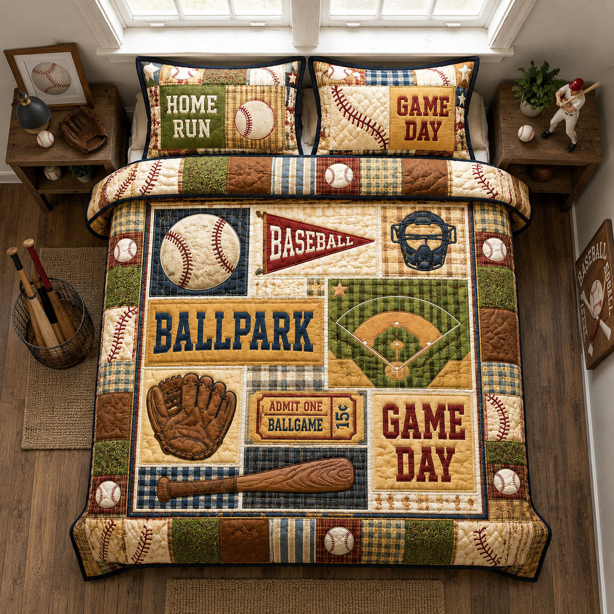 Ballpark Baseball Memories 3-Piece Quilted Bedding Set GFTOHNL1508